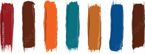 Vertical paint brush stroke collection with vibrant acrylic colors, rough textured swatches, hand painted artistic strokes isolated on white background