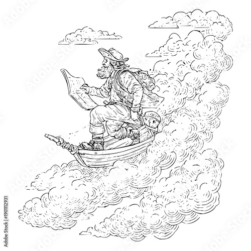 Pirate Sailing Boat through Clouds with Map