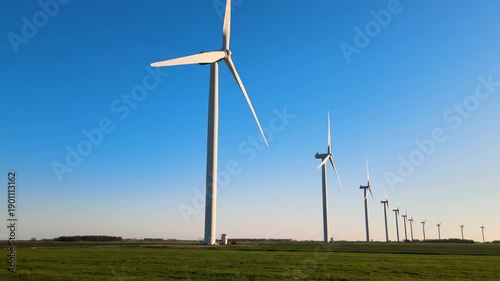 Distant wind turbines rotating. A calm energy landscape with wind turbines turning slowly in the distance under a clear blue sky.