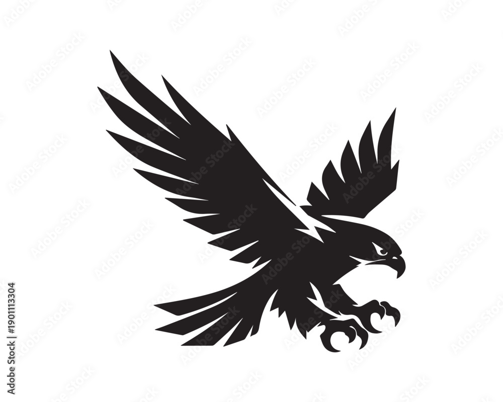 Fototapeta premium Aggressive eagle silhouette with spread wings isolated on white background, powerful bird of prey vector illustration for logo, mascot and branding design use