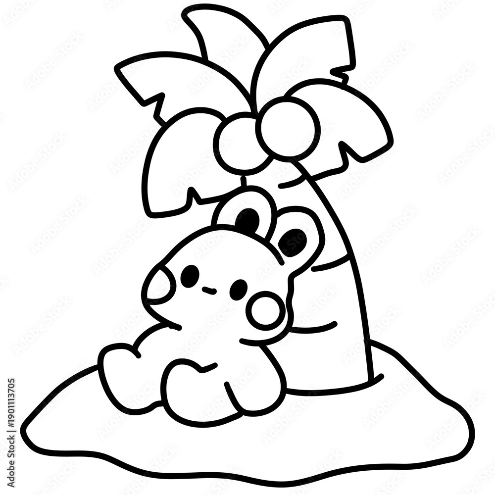 Obraz premium Cute Bunny on Tropical Island Line Art Illustration