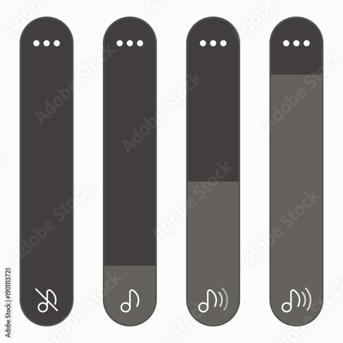 Mobile volume up down slider bar vector icon set. Dark volume bar level control button. Audio sound control sign. Vector illustration.