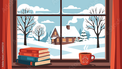 Cozy window view overlooking a serene winter landscape with a charming snow-covered house, frosty trees, and a stack of books with a warm mug on the sill.