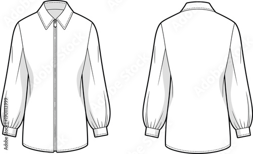 White shirt with zipper front and back view long sleeves collar puffy sleeves