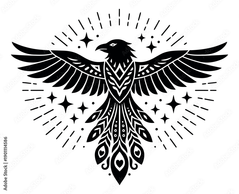 Naklejka premium Ornamental illustration of a raven depicting radiating stars for mystical concepts