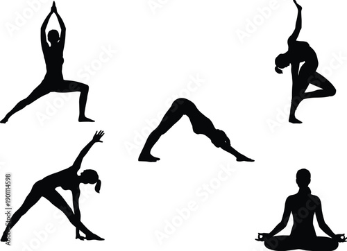 Yoga pose silhouettes collection, women practicing meditation, balance and stretching exercises, black vector icons set for wellness