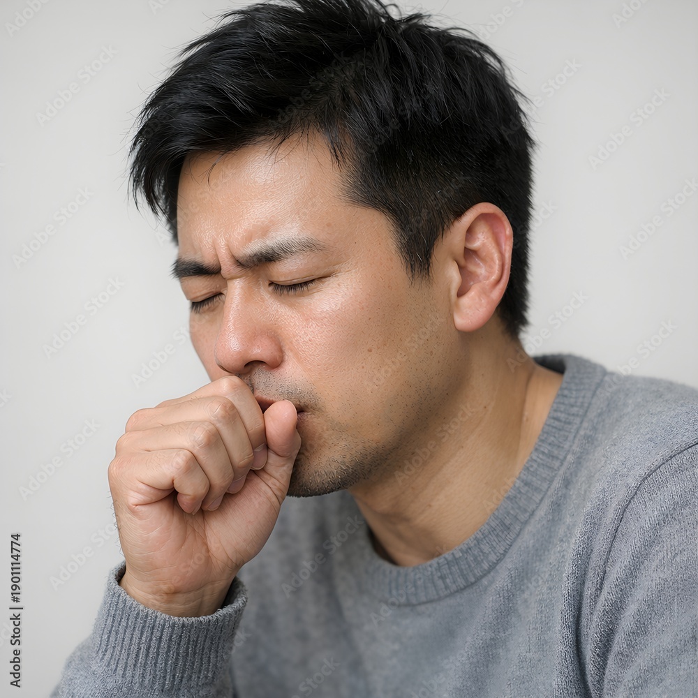 Fototapeta premium Man Coughing with Cold Symptoms Close Up