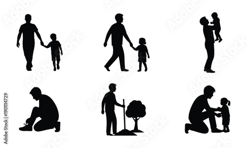 Silhouette illustrations of a parent and child in various tender and playful interactions