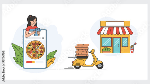 Modern illustration depicting a woman happily ordering pizza online via her phone, with a delivery scooter en route from a pizza shop.