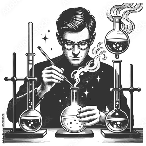 focused scientist blending glowing liquids in a laboratory, blending science and alchemy with a magical twist sketch engraving generative ai vector illustration. Scratch board. Black and white image.
