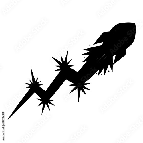 Black rocket silhouette with lightning for bullish market concept. Hand drawn minimalist finance icon for trading, investment, and cryptocurrency branding.