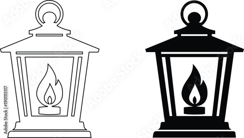 Set of two lantern icons with flame, outline and solid silhouette vector