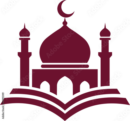 Mosque silhouette icon on open book symbolizing islamic education and faith