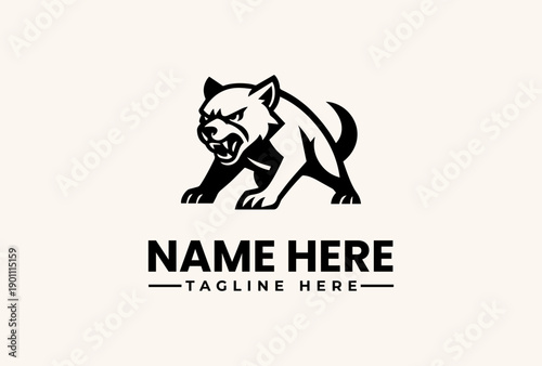 A vector illustration of a fierce animal logo with a bold design on a light background, featuring placeholder text for a name and tagline.