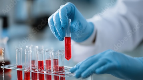 Scientist in blue gloves holding a test tube with red liquid in a laboratory setting