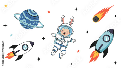 Adorable illustration of an astronaut bunny joyfully floating among colorful planets, rockets, and sparkling stars on a clean white background.