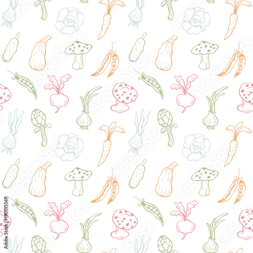 Trendy whimsical cottagecore vegetables seamless pattern. Gardening print for wallpaper, scrapbooking, fabric, textile and wrapping paper.  Coquette hand drawn colorful doodles