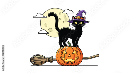 Spooky Halloween illustration of a black cat wearing a witch hat, perched on a carved jack-o'-lantern, with a broomstick and a full moon with clouds.
