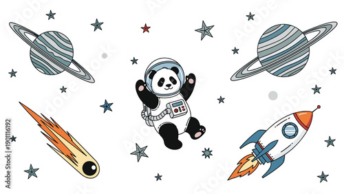 Adorable astronaut panda floating happily amidst planets, stars, rockets, and a colorful comet, showcasing space exploration on a white background.