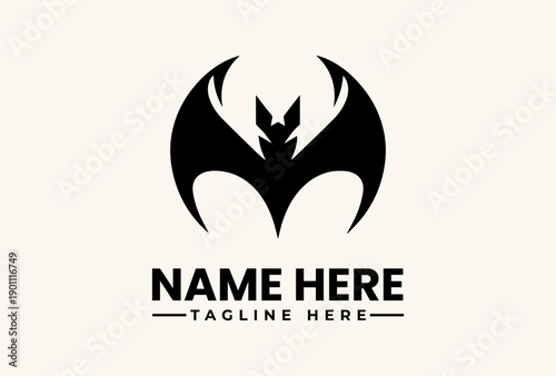 Black bat logo vector illustration with placeholder text on a beige background, featuring a stylized icon and typography.