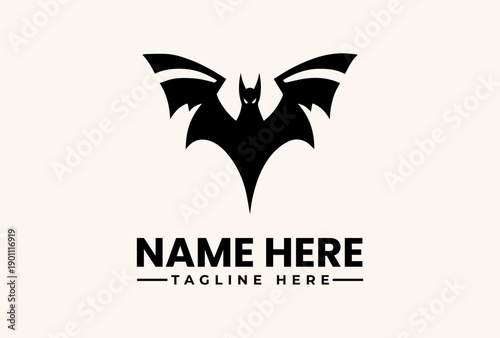A black bat logo with outstretched wings and a placeholder text 'NAME HERE' and 'TAGLINE HERE' on a beige background, featuring a vector illustration design with a simple icon style.