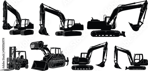 Black silhouette heavy machinery vector set featuring various hydraulic excavators, forklift, and crawler loader isolated on white for construction industry.