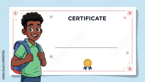 Blank certificate template with a happy African American schoolboy wearing a backpack, perfect for educational awards and achievements.