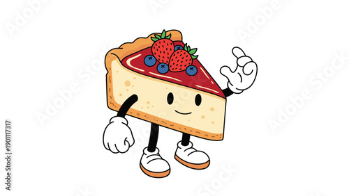 Delightful cartoon cheesecake slice with a berry topping, sporting a happy face, arms, and legs, waving on a clean white background.