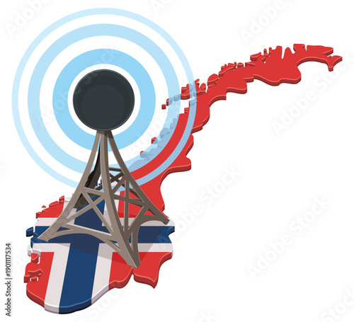 3D map of Norway with flag and antenna tower symbolizing radio broadcasting, 5G cellular network, and nationwide digital communication, isolated (cut out)