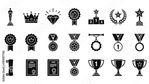 achievement, success, and recognition, showcasing various awards, trophies, medals, and symbols of honor and victory