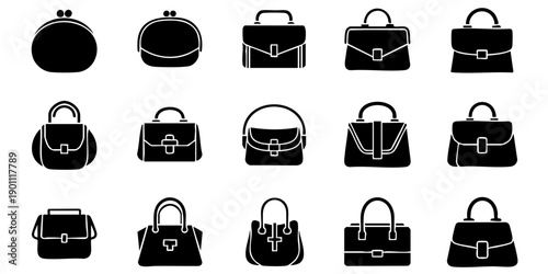 Collection of various handbags and purses displayed in a grid pattern on a clean white background from a straightforward viewpoint