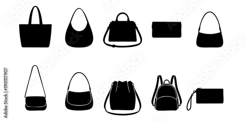 Collection of various handbags and purses displayed from a straightforward viewpoint