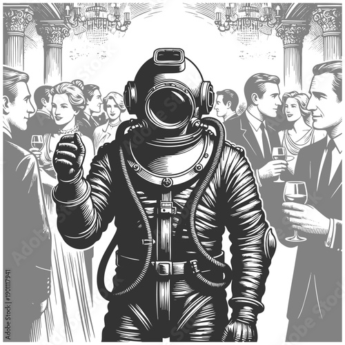 deep-sea diver awkwardly placed in a formal ballroom party, symbolizing social anxiety sketch engraving generative ai fictional character vector illustration. Scratch board imitation. Black and white.