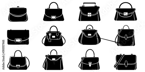 Collection of various handbag designs showcasing different styles and features in a grid layout illustration
