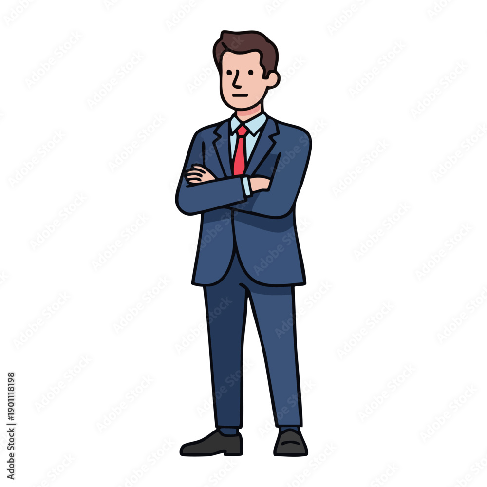 Obraz premium A confident businessman stands with arms crossed in a professional setting from a straightforward viewpoint.