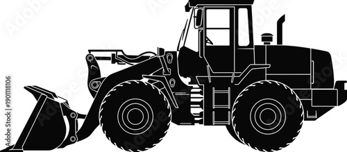 Black silhouette vector illustration of a heavy industrial wheel loader isolated on white background for construction machinery and earthmoving equipment.
