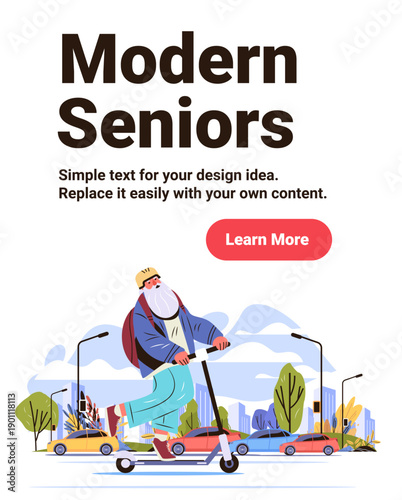 Modern seniors active aging elderly man riding scooter city street urban park trees cars colorful background website banner