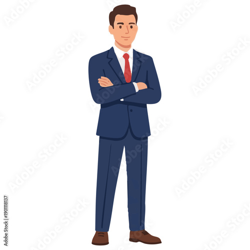 A confident businessman standing with arms crossed in a professional blue suit and red tie, viewed from the front