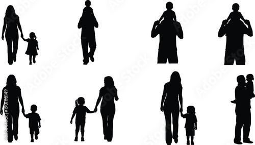 Parent child silhouettes collection, family walking poses, father carrying kid, mother holding hand, black people vector icons, illustration, parenting, concept