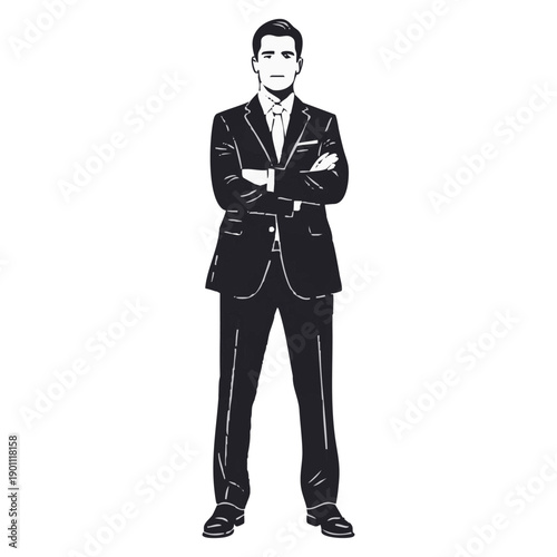 A confident businessman stands with arms crossed, exuding professionalism in a formal illustration.
