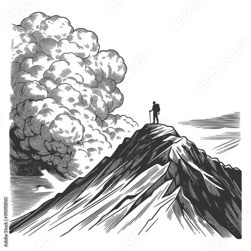 lone hiker standing atop a rugged mountain as massive clouds loom in the background sketch engraving generative ai vector illustration. Scratch board imitation. Black and white image.