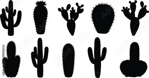 Black cactus silhouettes set, desert plant icons collection, minimalist botanical illustration, southwest flora shapes, prickly pear, saguaro, vector, flat