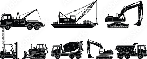 Construction Heavy Machinery Set with Excavator Bulldozer Concrete Mixer Crane and Forklift Vector Silhouettes for Industrial Engineering and Building Projects