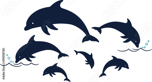 Blue dolphin illustrations set, swimming marine animals, ocean wildlife icons, playful aquatic mammals, vector design, minimalist style, sea life