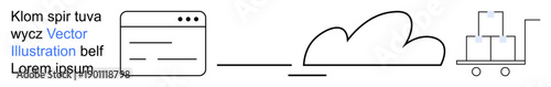 Cloud computing, online logistics, data storage, digital services, e-commerce delivery, technology infrastructure. Browser window, cloud icon and a hand cart with packages. Cloud computing