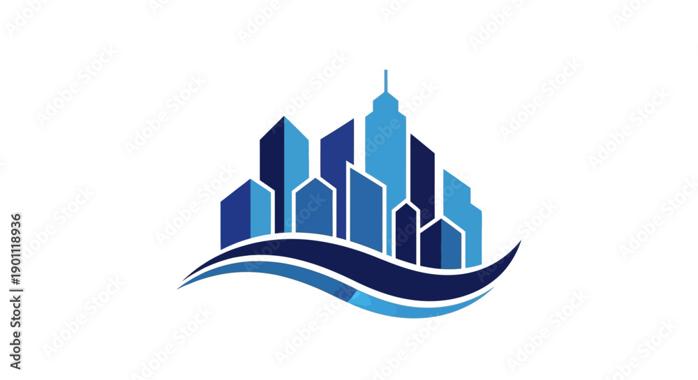 Fototapeta premium Modern cityscape with flowing blue waves, representing urban development and progress.