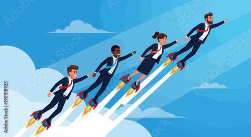 Diverse team of professionals soaring to success on rocket boots