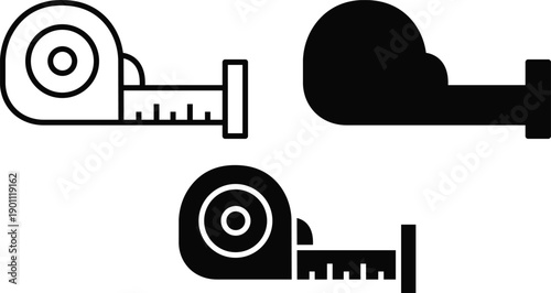 Industrial retractable tape measure tool for precision construction and professional architectural distance measurement Vector Silhouette and Pictogram Icon Set.eps
