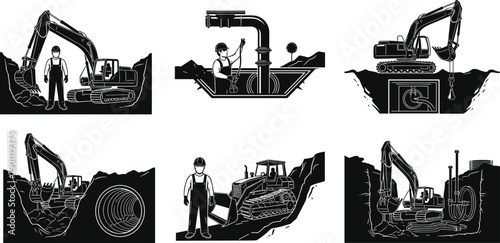 Construction Workers and Heavy Machinery Excavating Trenches for Industrial Pipe Installation Underground Infrastructure Development and Earthmoving Vector Illustration Collection