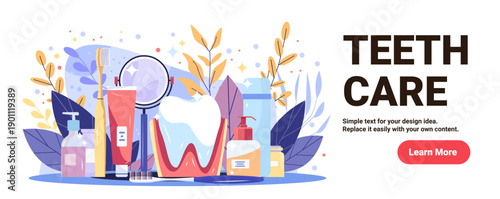 Tooth dental care hygiene products toothbrush toothpaste anatomical tooth diagram magnifying glass leaves clean background banner template
